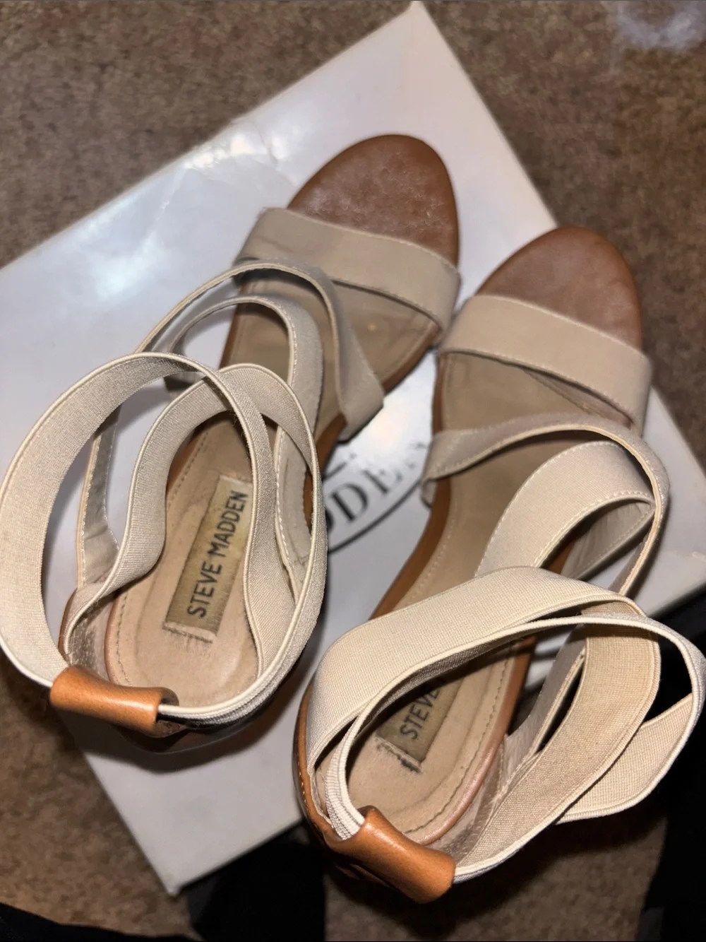 Steve Madden Beige Elastic Strappy Cork Wedges